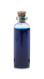 Photo of Glass bottle of blue food coloring on white background