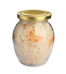 Photo of Glass jar of tasty fermented cabbage with carrot on white background