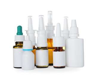 Many different nasal sprays on white background