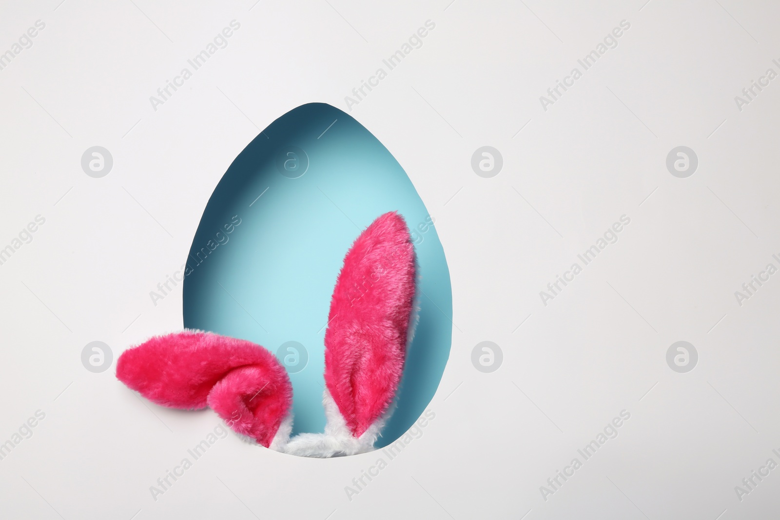 Photo of View of furry Easter bunny ears on color background through egg shaped hole, space for text