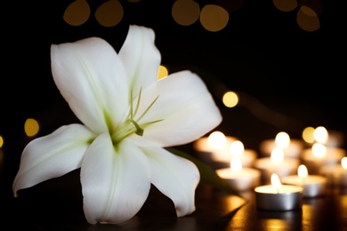 Photo of White lily and burning candles on table in darkness. Funeral symbol