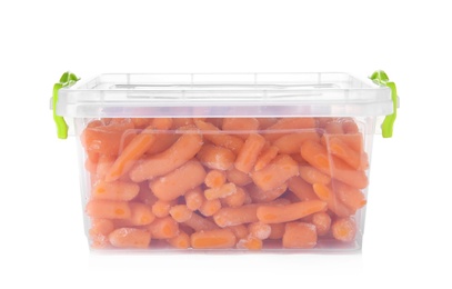 Photo of Plastic container with frozen baby carrots on white background. Vegetable preservation