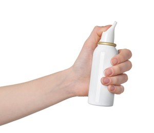 Photo of Woman holding nasal spray on white background, closeup