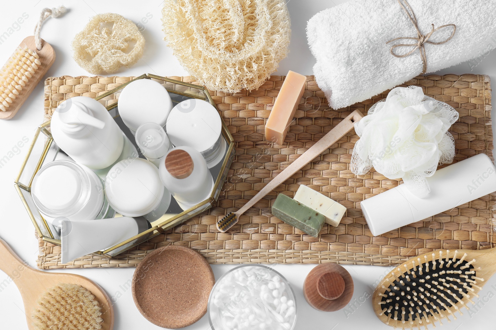 Photo of Bath accessories. Flat lay composition with personal care products on white background