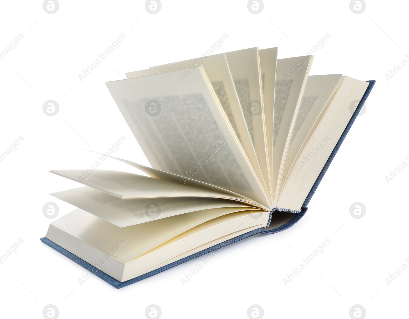 Photo of Open blue hardcover book isolated on white