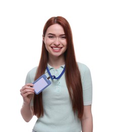 Happy woman with vip pass badge on white background