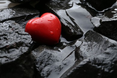 Photo of Red decorative heart on stones and water, closeup. Space for text