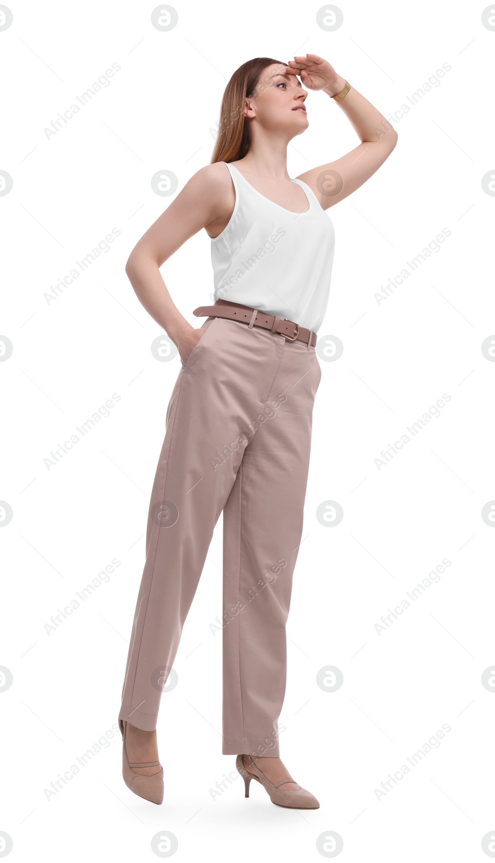 Photo of Beautiful adult businesswoman posing on white background