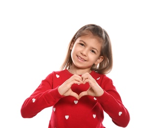 Little girl showing HEART gesture in sign language on white background