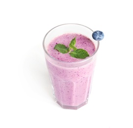 Photo of Tasty blueberry smoothie in glass on white background