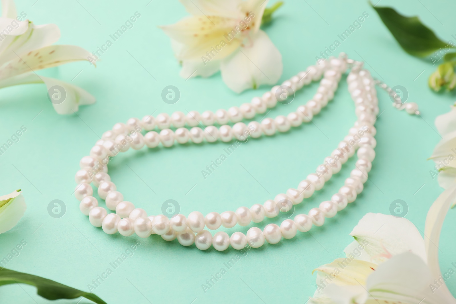 Photo of Elegant pearl necklace and beautiful flowers on turquoise background