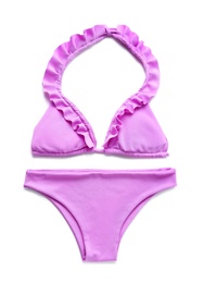 Photo of Bright swimsuit on white background, top view. Beach accessories