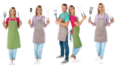 Image of Collage with photos of man and woman holding barbecue utensils on white background
