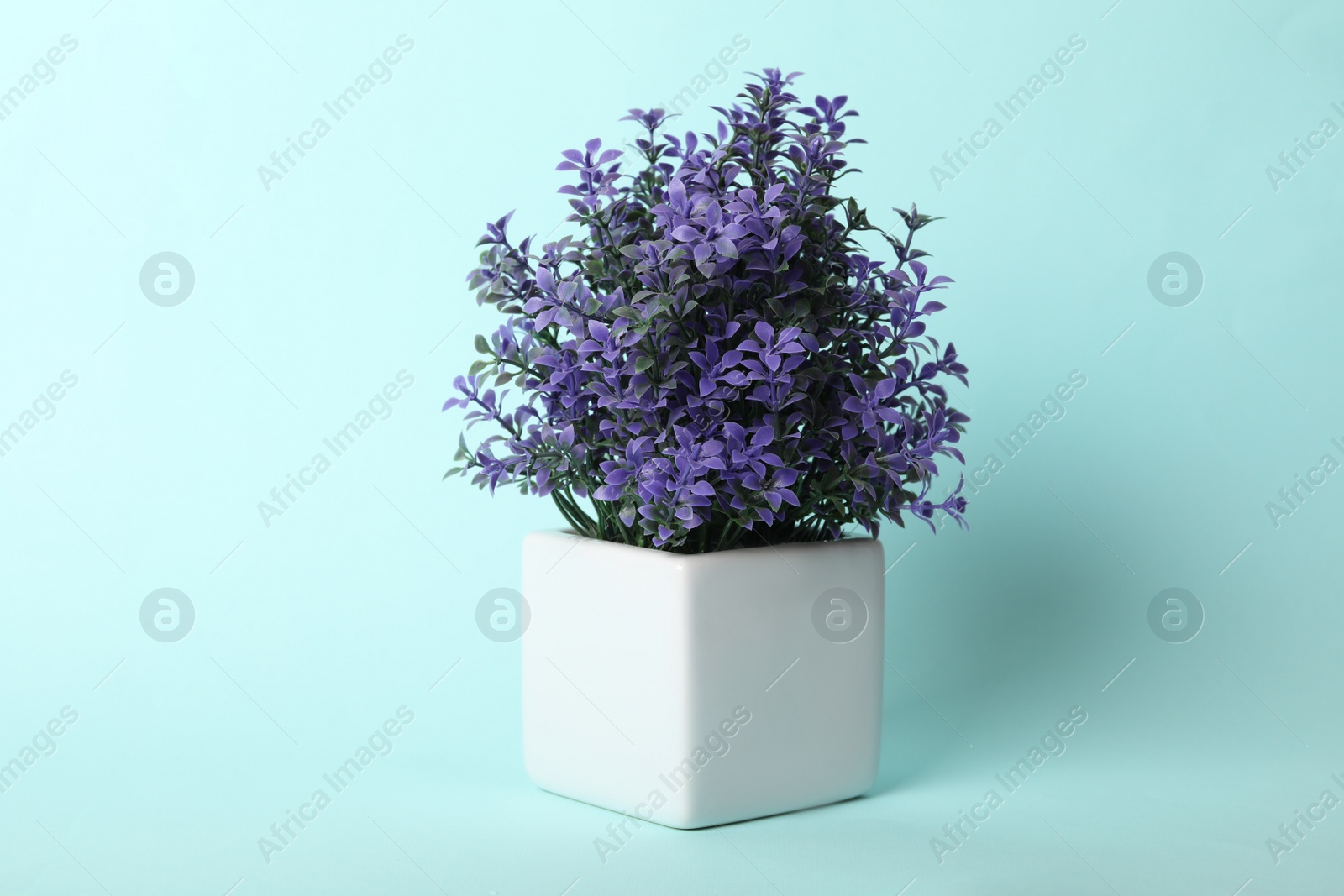 Photo of Artificial plant in flower pot on light blue background