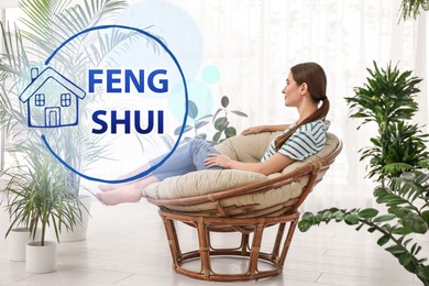 Image of Young woman in room decorated with plants. Feng Shui philosophy 