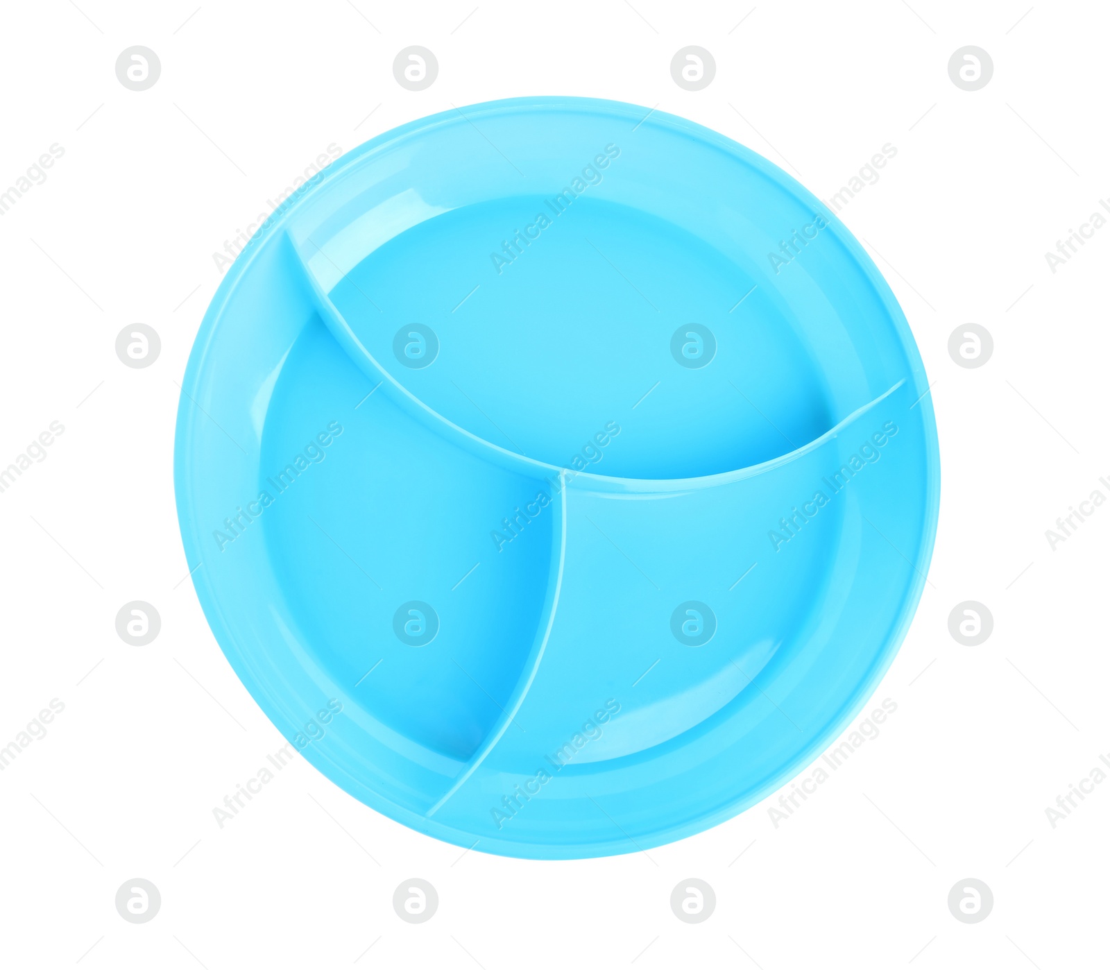 Photo of Blue plastic section plate isolated on white, top view. Serving baby food