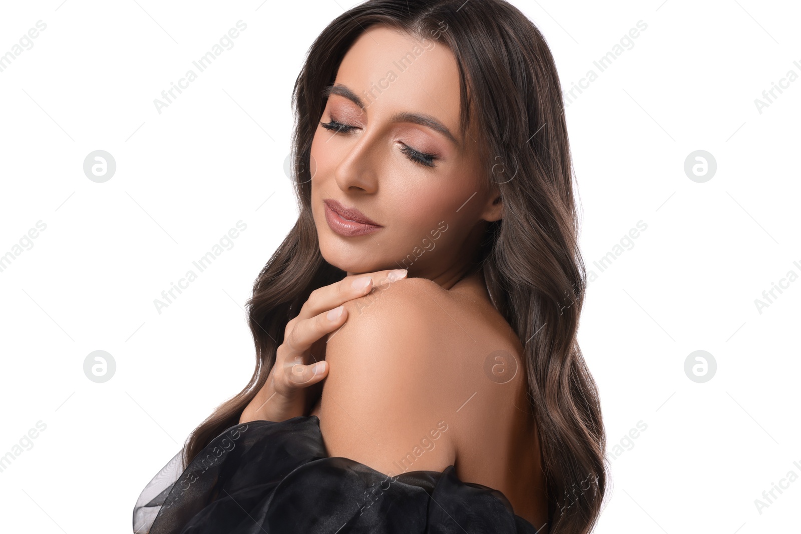 Photo of Hair styling. Beautiful woman with wavy long hair on white background