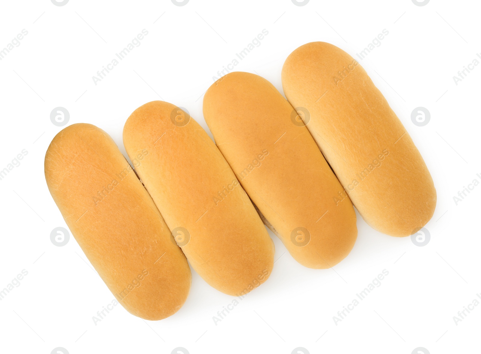 Photo of Many fresh hot dog buns isolated on white, top view