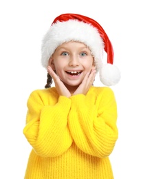 Photo of Emotional little child in Santa hat on white background. Christmas celebration