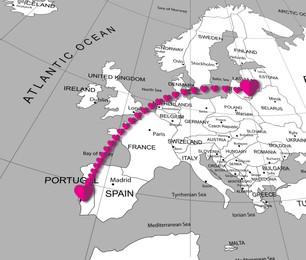 Illustration of Love in long-distance relationship. Connecting line of pink hearts between Portugal and Lithuania on world map