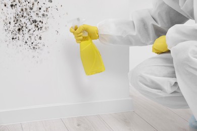 Woman in protective suit and rubber gloves using mold remover on wall, closeup