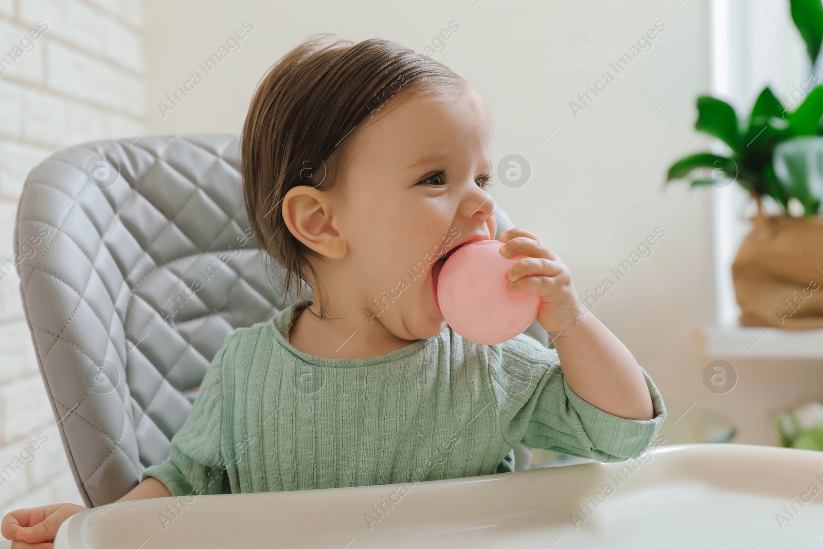 Photo of Cute little baby nibbling toy in high chair indoors