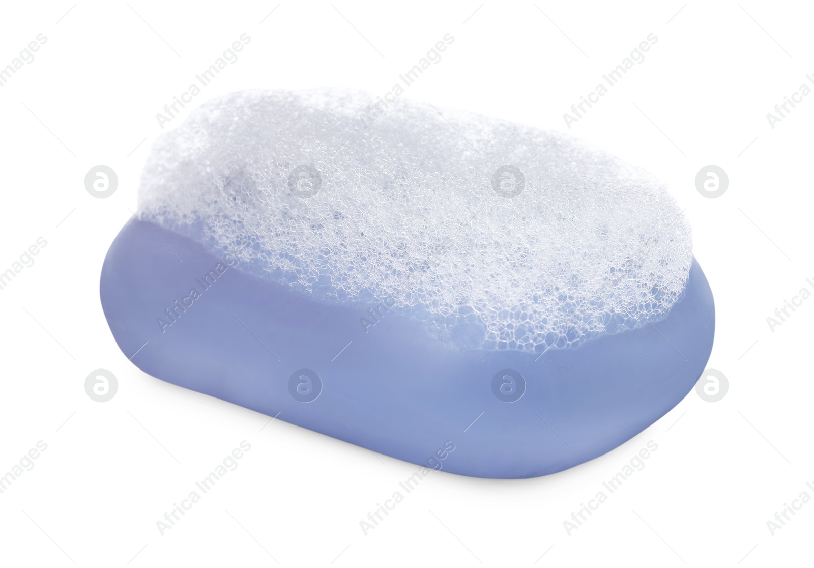 Photo of Soap bar with fluffy foam on white background