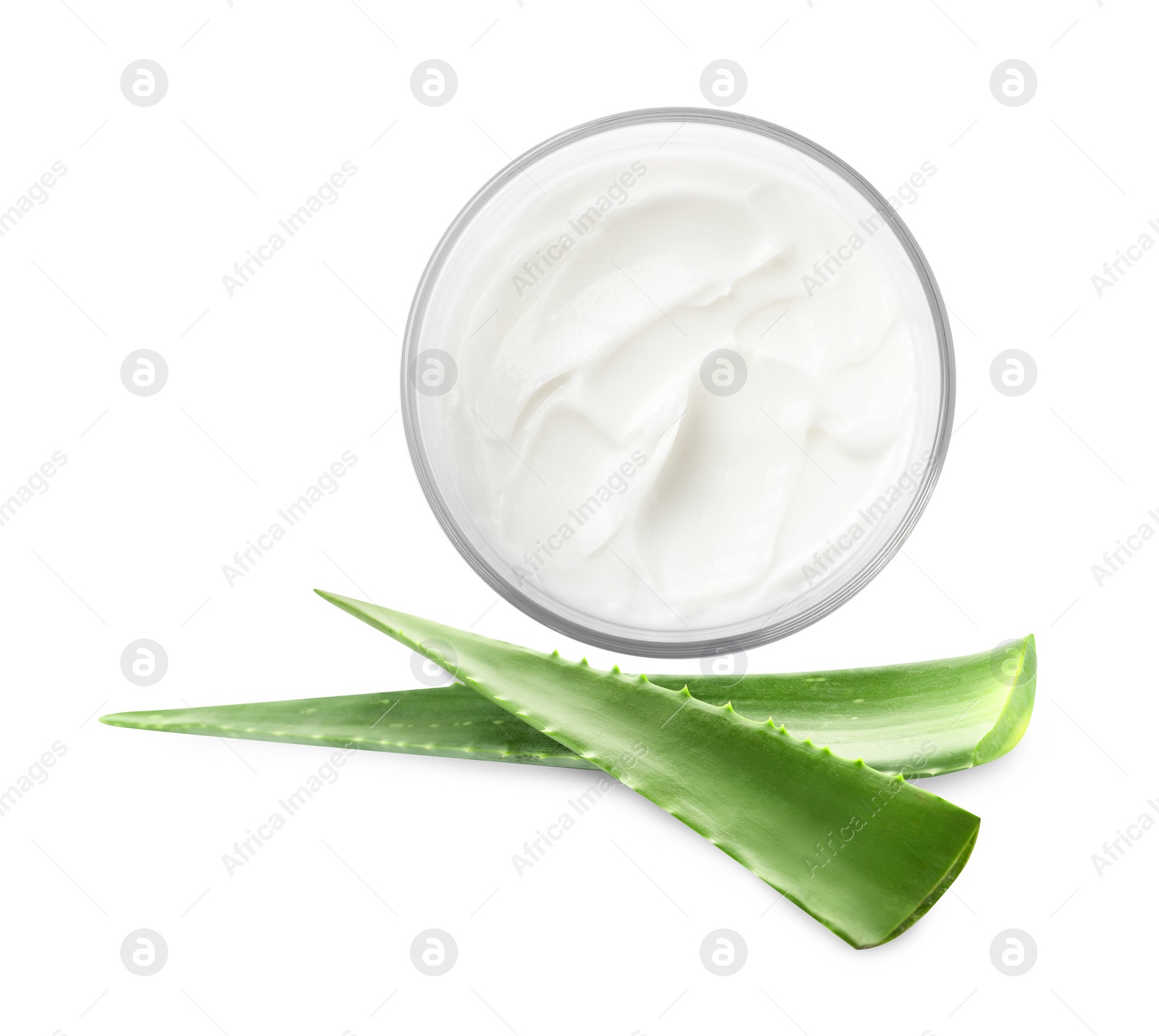 Image of Moisturizing cream with extract of aloe vera. Jar and green aloe leaves on white background