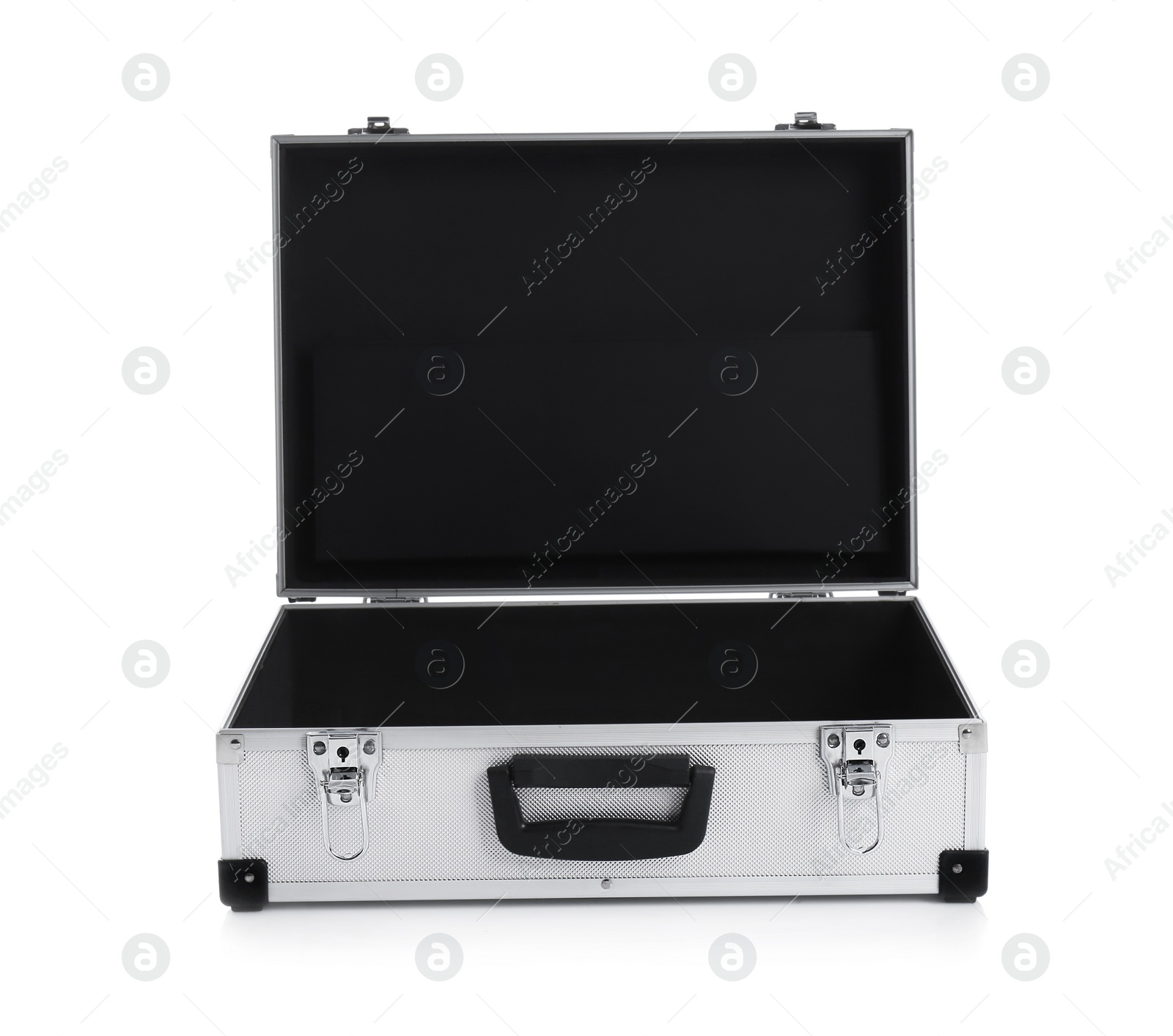 Photo of Open modern suitcase on white background