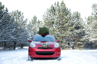 Car with Christmas wreath and fir tree in snowy forest on winter day. Space for text