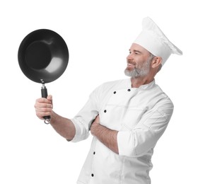 Photo of Happy chef in uniform with wok isolated on white