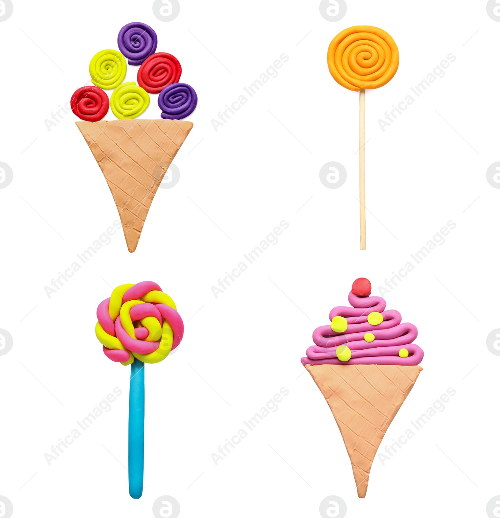 Image of Set with different colorful plasticine ice creams and lollipops on white background, top view