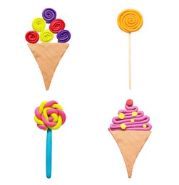 Image of Set with different colorful plasticine ice creams and lollipops on white background, top view