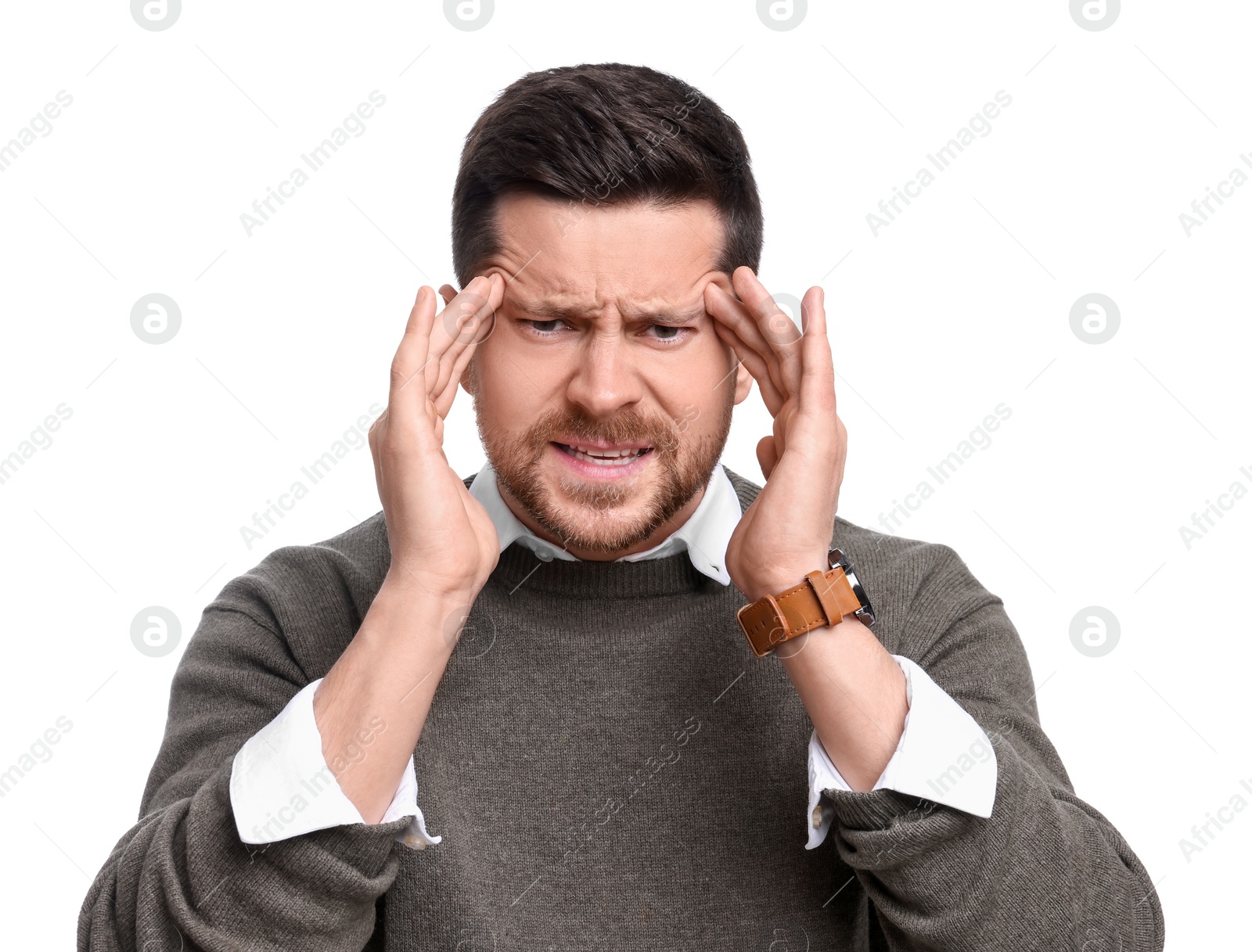 Photo of Emotional handsome bearded businessman on white background