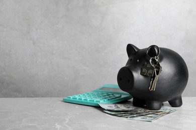 Piggy bank, dollar banknotes, house keys and calculator on grey marble table. Space for text