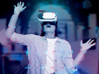 Image of Metaverse. Woman in cyber city during simulated experience using virtual reality headset, glitch effect. Illustration of immersion into digital space