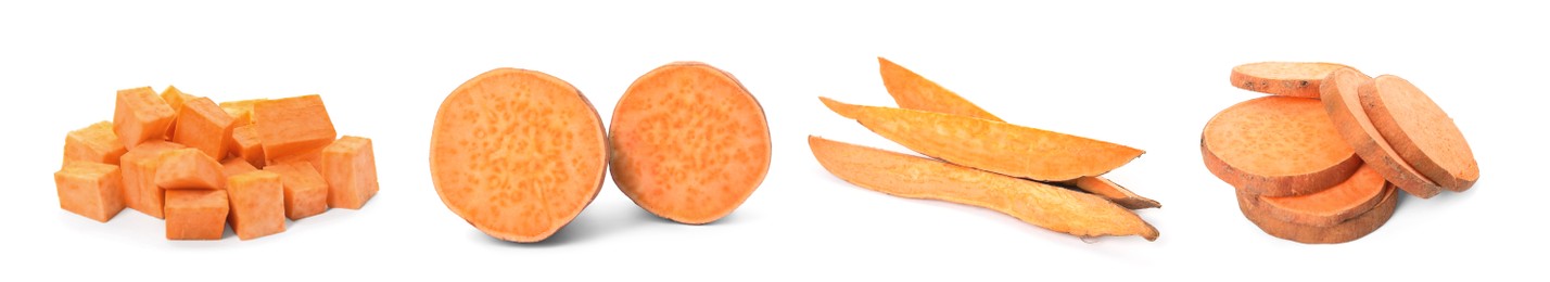 Image of Set with fresh sweet potatoes on white background. Banner design