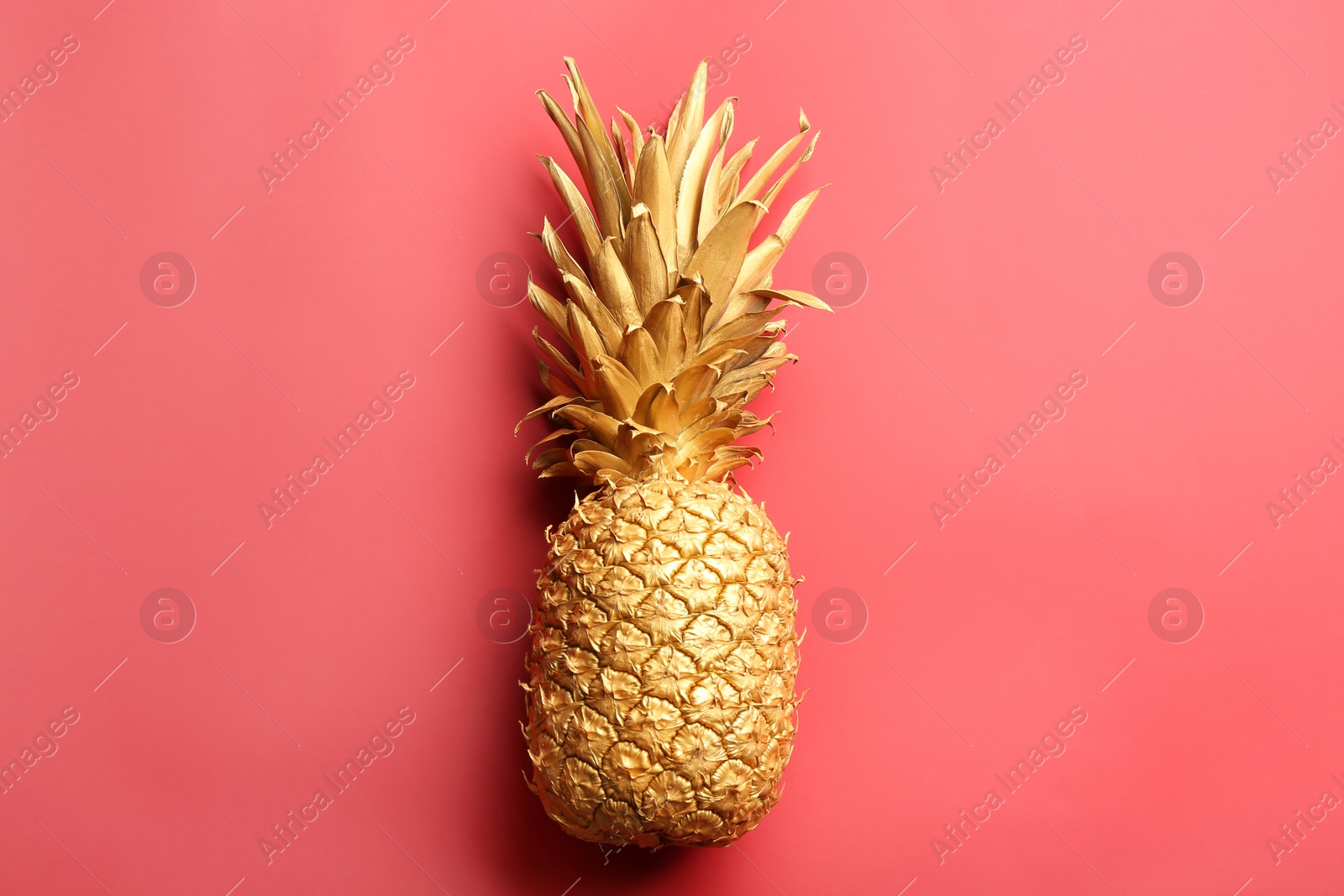 Photo of Painted golden pineapple on red background, top view. Creative concept