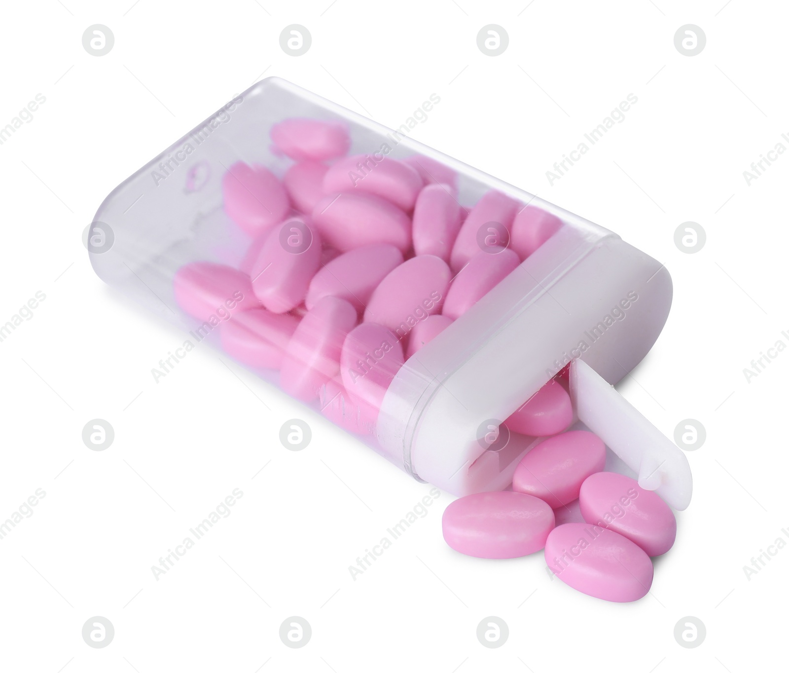 Photo of Tasty pink dragee candies with box on white background