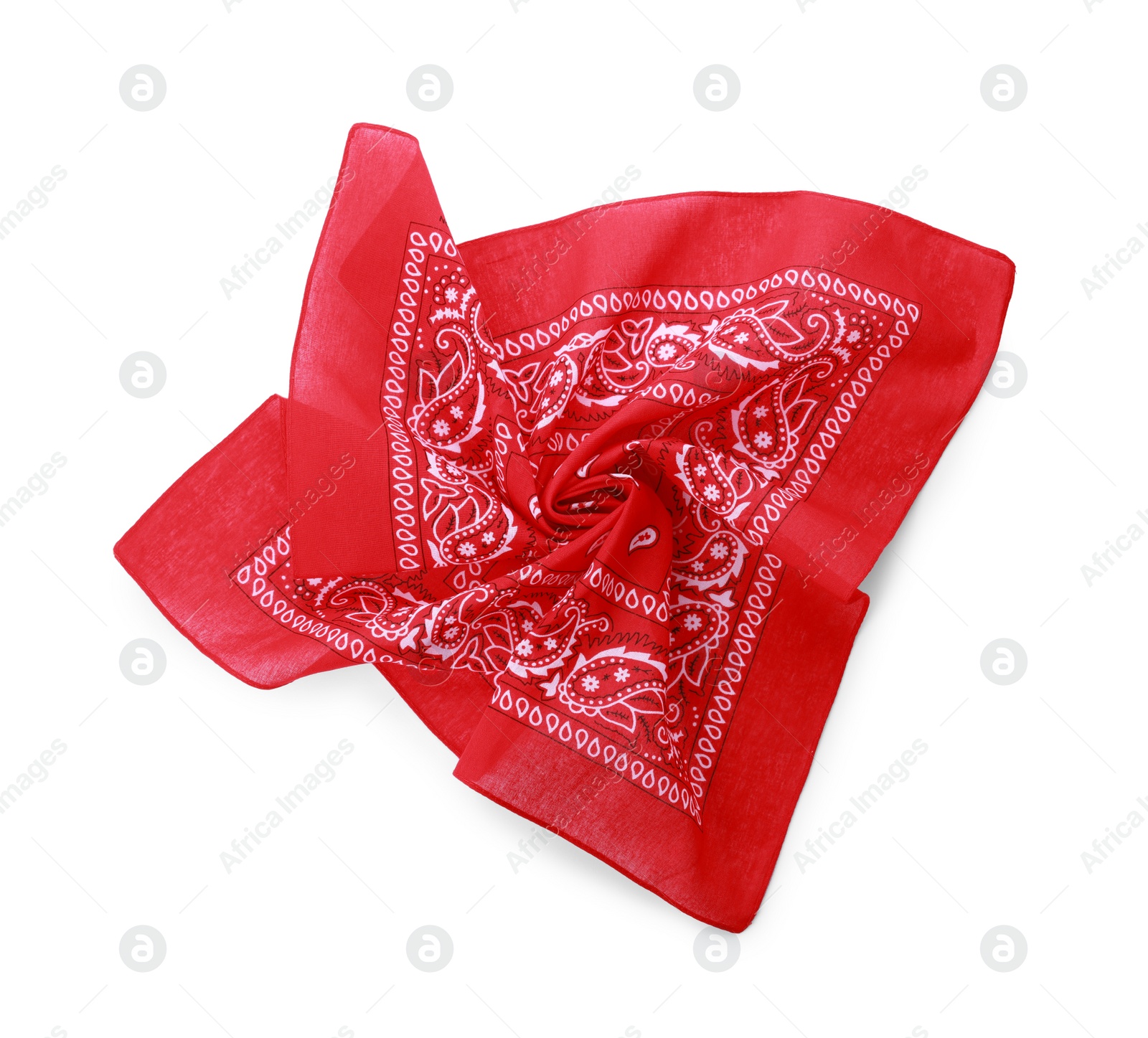 Photo of Red bandana with paisley pattern isolated on white, top view