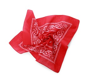 Photo of Red bandana with paisley pattern isolated on white, top view