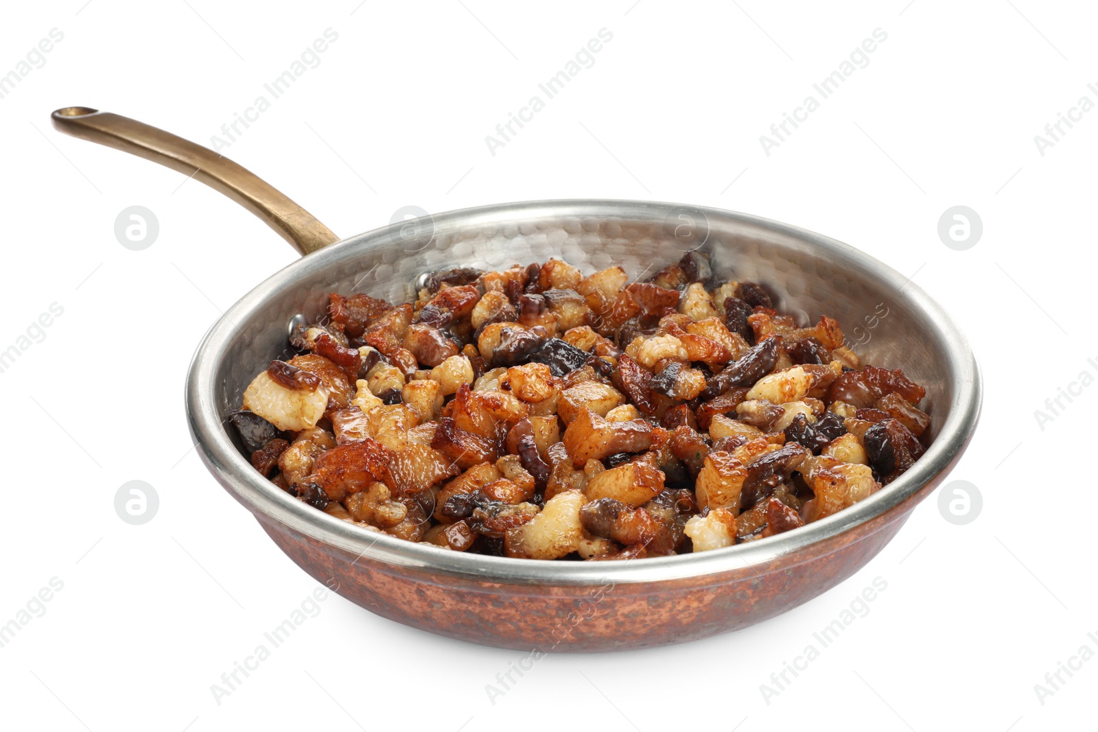 Photo of Tasty cracklings in frying pan isolated on white. Cooked pork lard