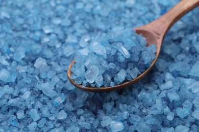 Photo of Spoon with blue sea salt, closeup view