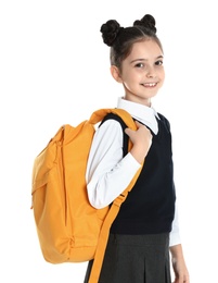 Photo of Happy girl in school uniform on white background