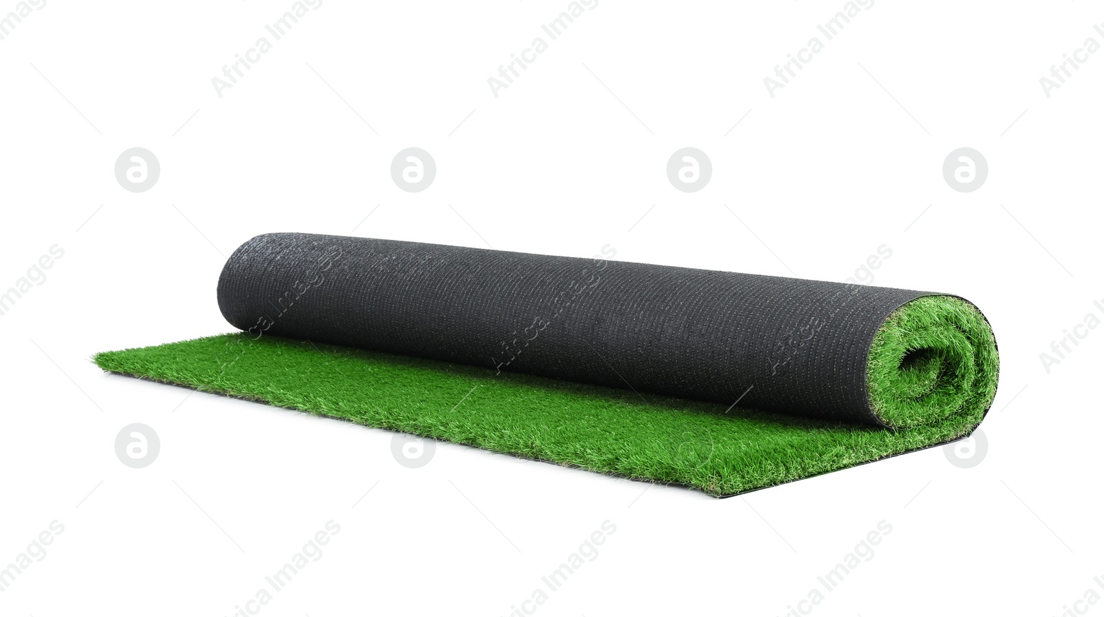 Photo of Rolled artificial grass carpet on white background. Exterior element