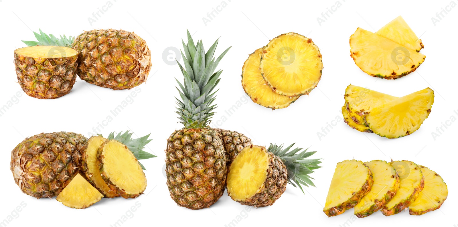 Image of Set with cut and whole pineapples isolated on white