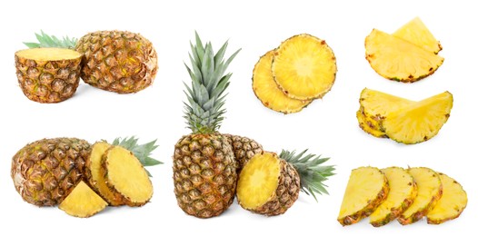 Image of Set with cut and whole pineapples isolated on white