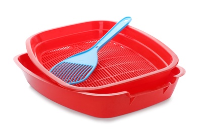 Photo of Litter tray and scoop for cat on white background. Pet accessories