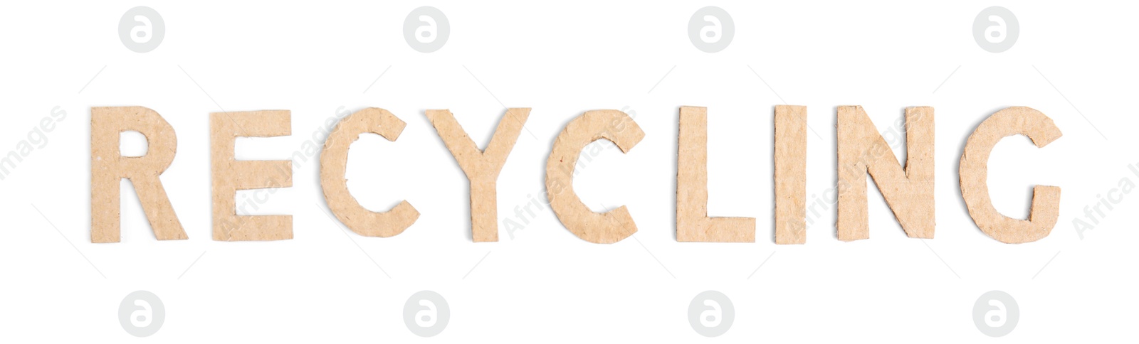 Photo of Word RECYCLING made of cardboard isolated on white, top view