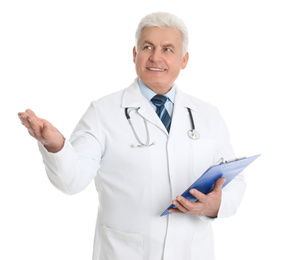 Portrait of senior doctor with clipboard on white background
